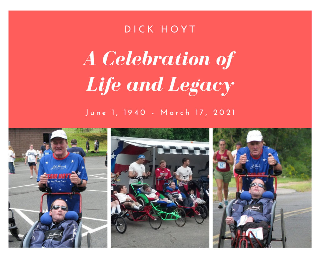 A collage of photos of Dick Hoyt and his son at marathon races. 