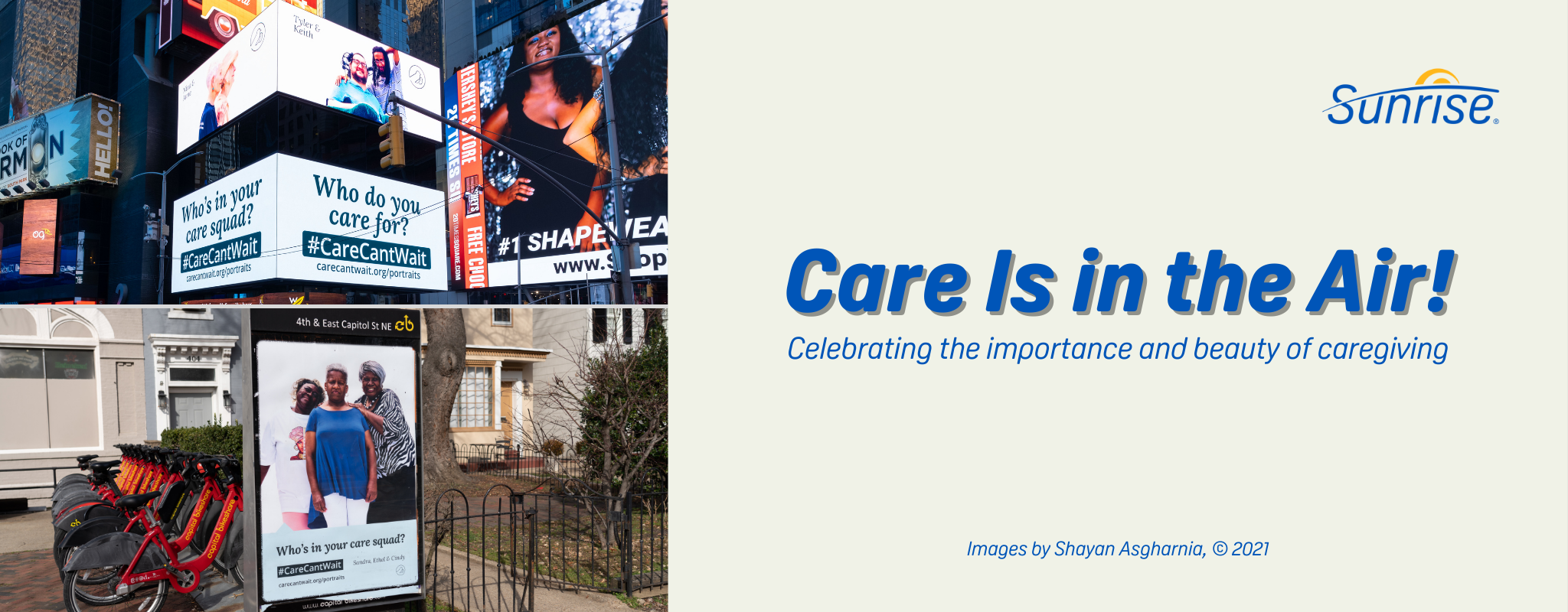 Blog Cover with the title "Care is in the air" and a subheading that says "Celebrating the importance and beauty of caregiving." To the left there are two images of advertisements in Times Square and Washington D.C. The photos are of people with their caregivers.