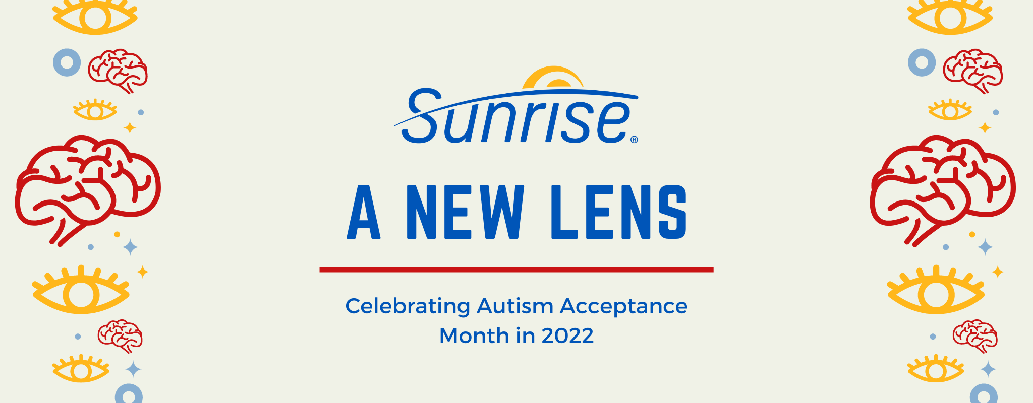 Blog Banner Cover with the Blue Sunrise logo with a yellow accent. The text "A New Lens" is centered in all capital blue letters. Below it is a red line with the text "celebrating autism acceptance month in 2022" below.